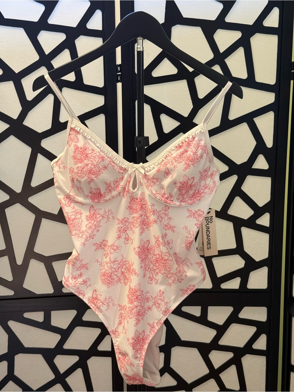 No Boundaries one-piece swimsuit white with pink floral.  Cheeky. Underwire.NWT